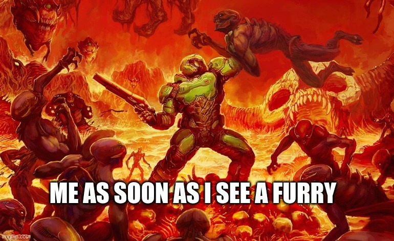 No Furrys  allowed | ME AS SOON AS I SEE A FURRY | image tagged in doom slayer killing demons | made w/ Imgflip meme maker