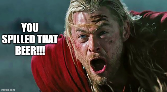A Real Reason for Thor to Scream | YOU SPILLED THAT BEER!!! | image tagged in thor no | made w/ Imgflip meme maker