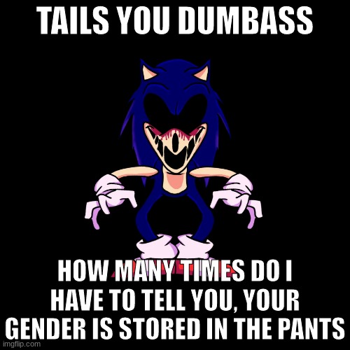 simple | TAILS YOU DUMBASS; HOW MANY TIMES DO I HAVE TO TELL YOU, YOUR GENDER IS STORED IN THE PANTS | image tagged in sonic exe says | made w/ Imgflip meme maker