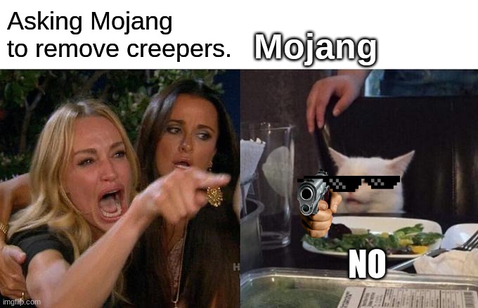 Woman Yelling At Cat Meme | Asking Mojang to remove creepers. Mojang; NO | image tagged in memes,woman yelling at cat | made w/ Imgflip meme maker