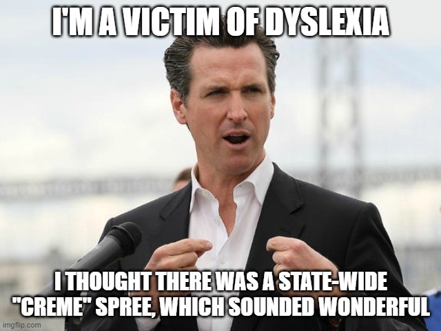 gavin newsome | I'M A VICTIM OF DYSLEXIA; I THOUGHT THERE WAS A STATE-WIDE "CREME" SPREE, WHICH SOUNDED WONDERFUL | image tagged in gavin newsome | made w/ Imgflip meme maker