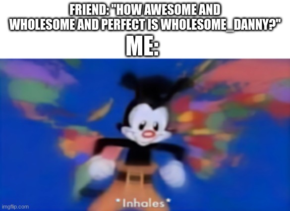 Yakko inhale | FRIEND: "HOW AWESOME AND WHOLESOME AND PERFECT IS WHOLESOME_DANNY?" ME: | image tagged in yakko inhale | made w/ Imgflip meme maker