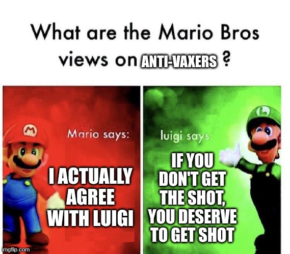 Yahoo | ANTI-VAXERS; I ACTUALLY AGREE WITH LUIGI; IF YOU DON'T GET THE SHOT, YOU DESERVE TO GET SHOT | image tagged in mario bros views | made w/ Imgflip meme maker