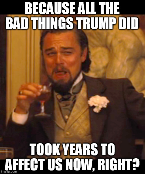 Laughing Leo Meme | BECAUSE ALL THE BAD THINGS TRUMP DID TOOK YEARS TO AFFECT US NOW, RIGHT? | image tagged in memes,laughing leo | made w/ Imgflip meme maker