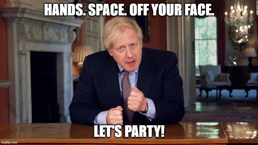 bojo.party meme | HANDS. SPACE. OFF YOUR FACE. LET'S PARTY! | image tagged in boris johnson speech | made w/ Imgflip meme maker