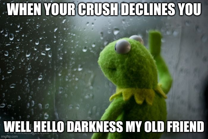 So true | WHEN YOUR CRUSH DECLINES YOU; WELL HELLO DARKNESS MY OLD FRIEND | image tagged in kermit window | made w/ Imgflip meme maker