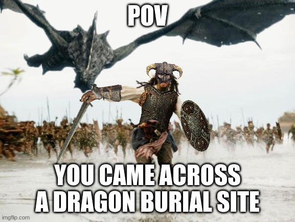 Dragonborn Being Chased | POV; YOU CAME ACROSS A DRAGON BURIAL SITE | image tagged in dragonborn being chased | made w/ Imgflip meme maker