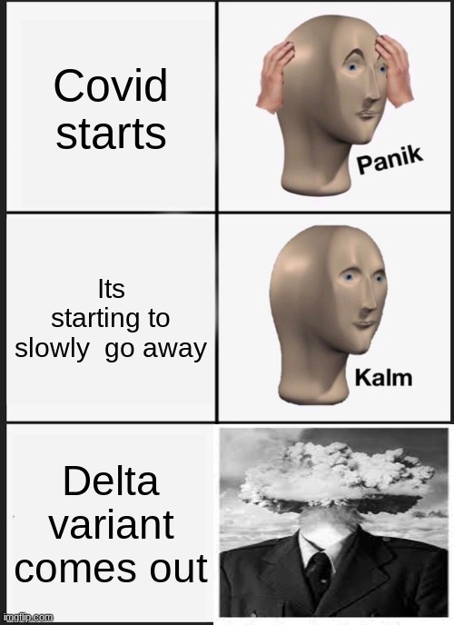 PANIK! | Covid starts; Its starting to slowly  go away; Delta variant comes out | image tagged in memes,panik kalm panik,lmao,covid-19,lol so funny | made w/ Imgflip meme maker
