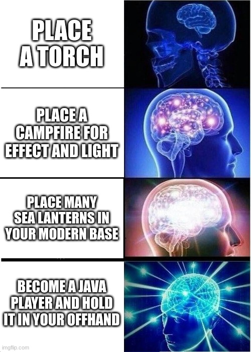 Expanding Brain | PLACE A TORCH; PLACE A CAMPFIRE FOR EFFECT AND LIGHT; PLACE MANY SEA LANTERNS IN YOUR MODERN BASE; BECOME A JAVA PLAYER AND HOLD IT IN YOUR OFFHAND | image tagged in memes,expanding brain | made w/ Imgflip meme maker