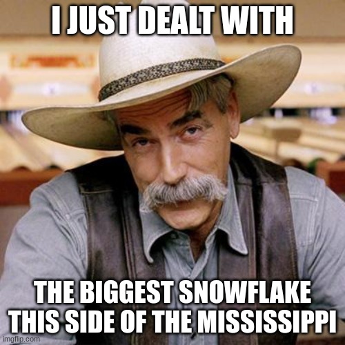 the mf freaked out when someone with a different opinion commented on more than two of his memes. | I JUST DEALT WITH; THE BIGGEST SNOWFLAKE THIS SIDE OF THE MISSISSIPPI | image tagged in sarcasm cowboy | made w/ Imgflip meme maker