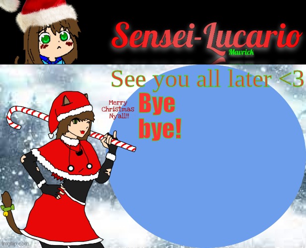 I will see you in a different time :3 | See you all later <3; Bye bye! | image tagged in sensei-lucario winter template | made w/ Imgflip meme maker