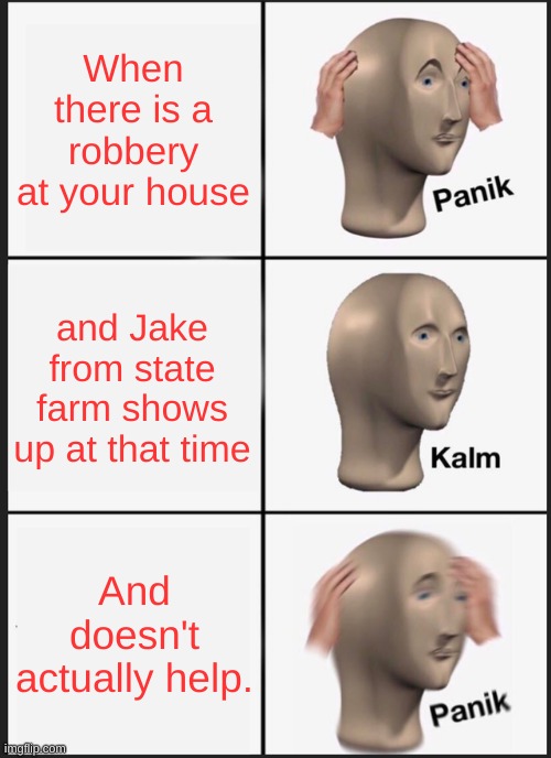 Jake from State Farm | When there is a robbery at your house; and Jake from state farm shows up at that time; And doesn't actually help. | image tagged in memes,panik kalm panik | made w/ Imgflip meme maker