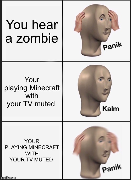 Uh oh | You hear a zombie; Your playing Minecraft with your TV muted; YOUR PLAYING MINECRAFT WITH YOUR TV MUTED | image tagged in memes,panik kalm panik | made w/ Imgflip meme maker