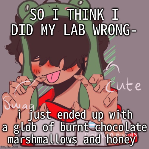 w e l p - | SO I THINK I DID MY LAB WRONG-; i just ended up with a glob of burnt chocolate marshmallows and honey | image tagged in remaking an old pisscrew go brrrr | made w/ Imgflip meme maker