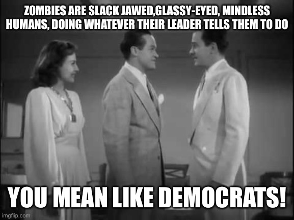 Zombie | ZOMBIES ARE SLACK JAWED,GLASSY-EYED, MINDLESS HUMANS, DOING WHATEVER THEIR LEADER TELLS THEM TO DO; YOU MEAN LIKE DEMOCRATS! | image tagged in democrats,fun,happy,yoda,disaster girl | made w/ Imgflip meme maker