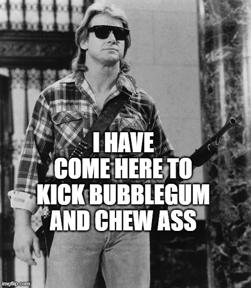 Live They |  I HAVE COME HERE TO KICK BUBBLEGUM AND CHEW ASS | image tagged in they live,movie,classics,movie quotes | made w/ Imgflip meme maker