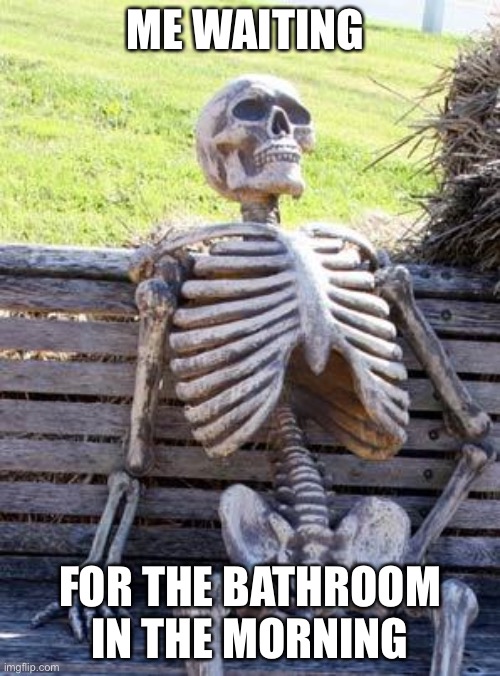 True story | ME WAITING; FOR THE BATHROOM IN THE MORNING | image tagged in memes,waiting skeleton | made w/ Imgflip meme maker