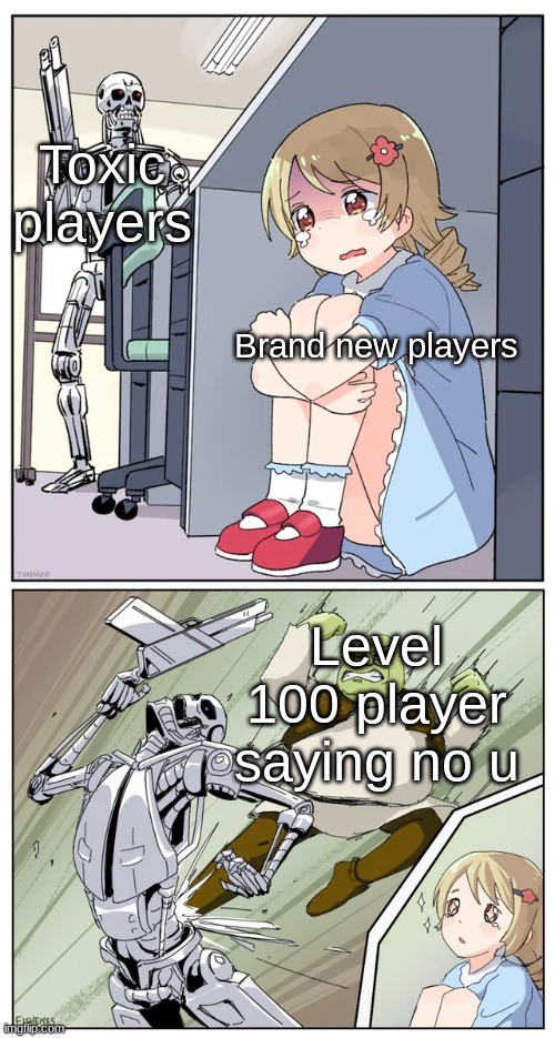 game lobbies be like | Toxic players; Brand new players; Level 100 player saying no u | image tagged in shrek killing terminator | made w/ Imgflip meme maker