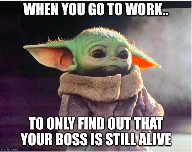 When your work day does not go as planed | WHEN YOU GO TO WORK.. TO ONLY FIND OUT THAT YOUR BOSS IS STILL ALIVE | image tagged in sad baby yoda | made w/ Imgflip meme maker