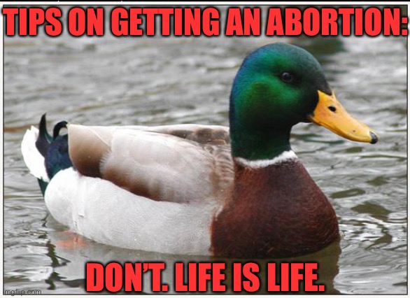 If Love is Love, then Life is Life. | TIPS ON GETTING AN ABORTION:; DON’T. LIFE IS LIFE. | image tagged in memes,actual advice mallard,real life,oh wow are you actually reading these tags,politics lol | made w/ Imgflip meme maker
