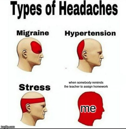 Types of Headaches meme | when somebody reminds the teacher to assign homework; me | image tagged in types of headaches meme | made w/ Imgflip meme maker