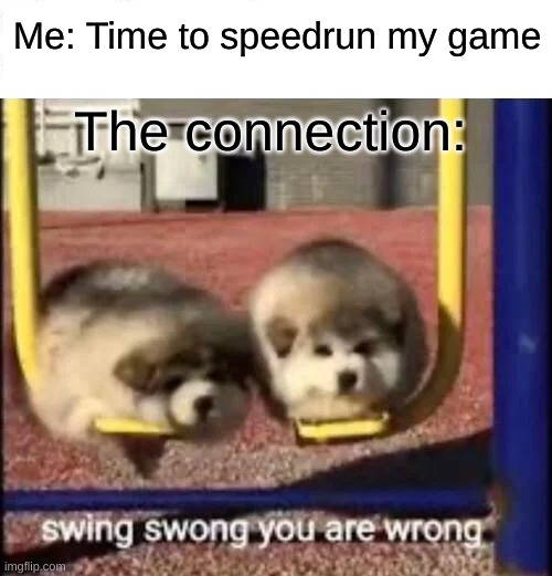 SWING SWONG YOU ARE WRONG | Me: Time to speedrun my game; The connection: | image tagged in swing swong you are wrong | made w/ Imgflip meme maker