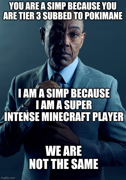 poopymane | YOU ARE A SIMP BECAUSE YOU ARE TIER 3 SUBBED TO POKIMANE; I AM A SIMP BECAUSE I AM A SUPER INTENSE MINECRAFT PLAYER; WE ARE NOT THE SAME | image tagged in gus fring we are not the same | made w/ Imgflip meme maker