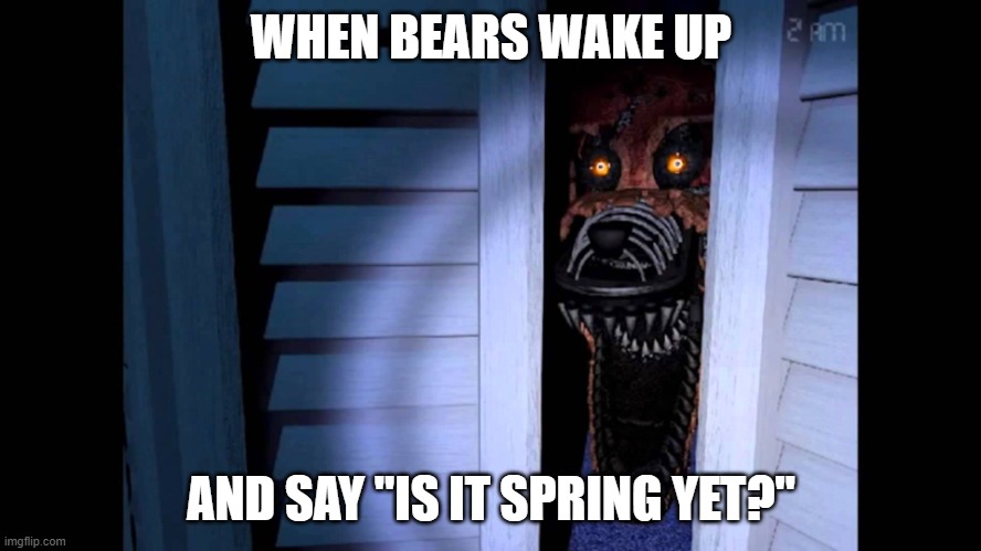 bear fox | WHEN BEARS WAKE UP; AND SAY "IS IT SPRING YET?" | image tagged in foxy fnaf 4 | made w/ Imgflip meme maker