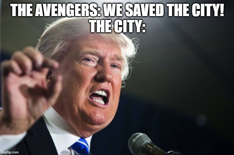 donald trump | THE AVENGERS: WE SAVED THE CITY!
THE CITY: | image tagged in donald trump | made w/ Imgflip meme maker