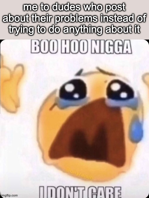 boo hoo I don't care | me to dudes who post about their problems instead of trying to do anything about it | image tagged in boo hoo i don't care | made w/ Imgflip meme maker