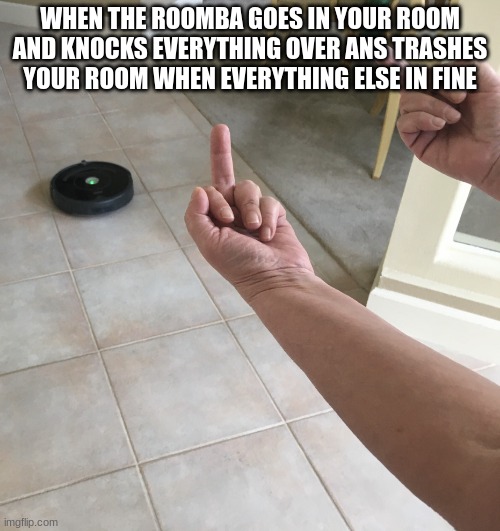 roomba are annoying right | WHEN THE ROOMBA GOES IN YOUR ROOM AND KNOCKS EVERYTHING OVER ANS TRASHES YOUR ROOM WHEN EVERYTHING ELSE IN FINE | image tagged in roomba,i too like to live dangerously | made w/ Imgflip meme maker