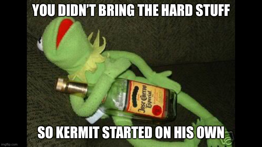 Drunk kermit | YOU DIDN’T BRING THE HARD STUFF; SO KERMIT STARTED ON HIS OWN | image tagged in kermit alcohol,alcohol,drunk,i drink alone | made w/ Imgflip meme maker