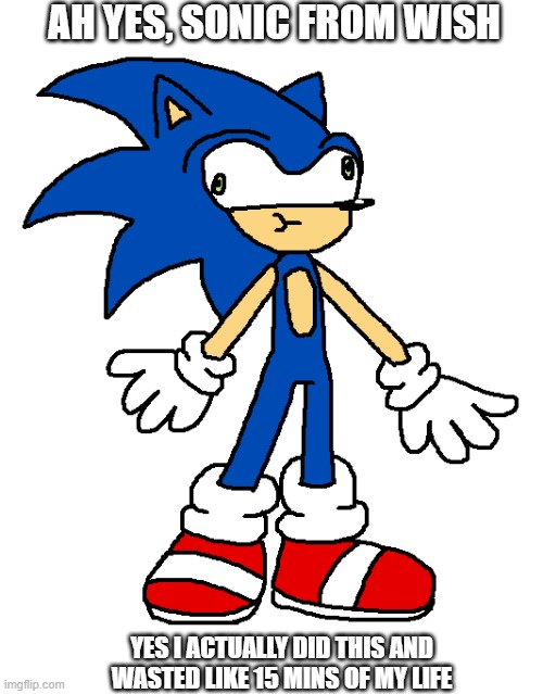 welp, 15 minutes wasted | AH YES, SONIC FROM WISH; YES I ACTUALLY DID THIS AND WASTED LIKE 15 MINS OF MY LIFE | image tagged in sonic,bruh | made w/ Imgflip meme maker