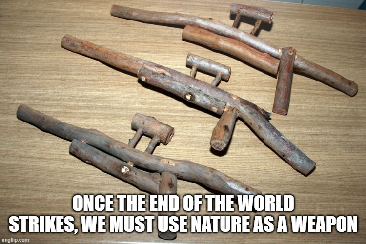 guns | ONCE THE END OF THE WORLD STRIKES, WE MUST USE NATURE AS A WEAPON | image tagged in guns | made w/ Imgflip meme maker