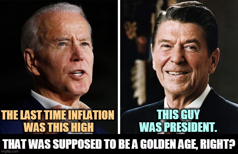THE LAST TIME INFLATION 
WAS THIS HIGH; THIS GUY WAS PRESIDENT. THAT WAS SUPPOSED TO BE A GOLDEN AGE, RIGHT? | image tagged in inflation,reagan,biden,golden,age | made w/ Imgflip meme maker