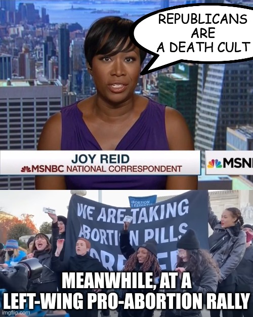 That banner literally says "We Are Taking Abortion Pills Forever" | REPUBLICANS ARE A DEATH CULT; MEANWHILE, AT A LEFT-WING PRO-ABORTION RALLY | image tagged in msnbc joy reid | made w/ Imgflip meme maker