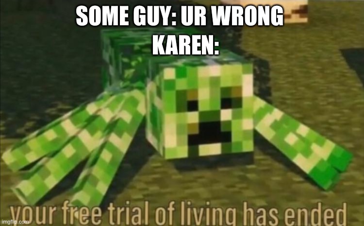 Not wrong |  KAREN:; SOME GUY: UR WRONG | image tagged in your free trial of living has ended | made w/ Imgflip meme maker