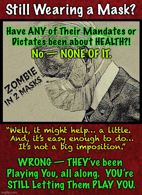 AND, You’re Advertising that You Voted for the Loser | Still Wearing a Mask? Have ANY of Their Mandates or
Dictates been about HEALTH?! No — NONE OF IT. “Well, it might help… a little.  
And, it’s easy enough to do…
It’s not a big imposition.”; WRONG — THEY’ve been 
Playing You, all along.  YOU’re 
STILL Letting Them PLAY YOU. | image tagged in memes,masks,puppet robots,we must all stop complying,mass non compliance,or you are helping them so kma | made w/ Imgflip meme maker