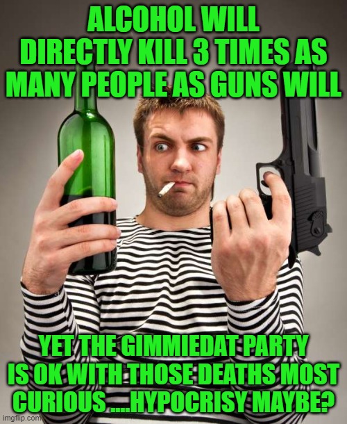 yep | ALCOHOL WILL DIRECTLY KILL 3 TIMES AS MANY PEOPLE AS GUNS WILL; YET THE GIMMIEDAT PARTY IS OK WITH THOSE DEATHS MOST CURIOUS ....HYPOCRISY MAYBE? | image tagged in democrats,hypocrisy | made w/ Imgflip meme maker