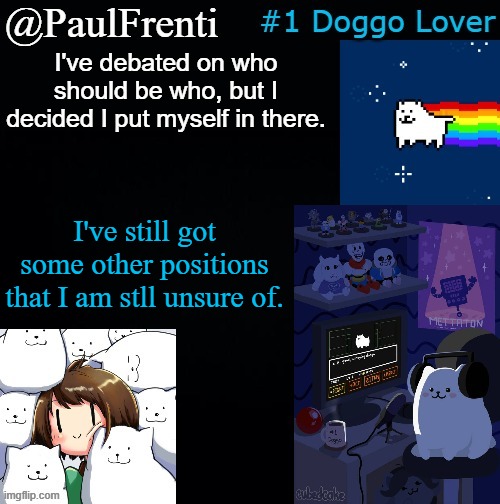 Untitled Image for some reason | I've debated on who should be who, but I decided I put myself in there. I've still got some other positions that I am stll unsure of. | image tagged in paul frenti template | made w/ Imgflip meme maker