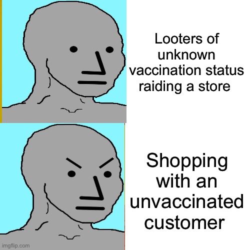 Should Undocumented purchasers show papers? | Looters of unknown vaccination status raiding a store; Shopping with an unvaccinated customer | image tagged in memes,drake hotline bling,politics lol,derp | made w/ Imgflip meme maker
