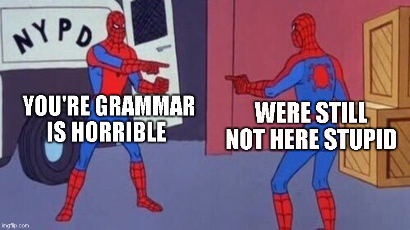 Has this ever happened | YOU'RE GRAMMAR IS HORRIBLE; WERE STILL NOT HERE STUPID | image tagged in spiderman pointing at spiderman | made w/ Imgflip meme maker