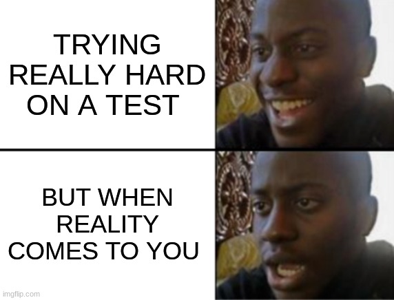Sorry | TRYING REALLY HARD ON A TEST; BUT WHEN REALITY COMES TO YOU | image tagged in oh yeah oh no,grades | made w/ Imgflip meme maker