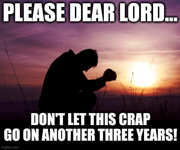 Pray | PLEASE DEAR LORD... DON'T LET THIS CRAP GO ON ANOTHER THREE YEARS! | image tagged in pray | made w/ Imgflip meme maker