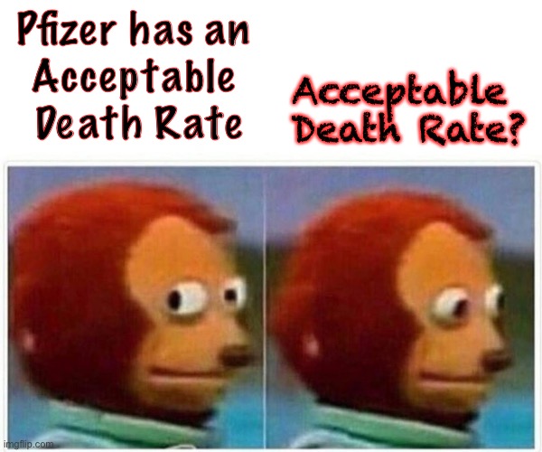 Acceptable to Whom? | Pfizer has an 
Acceptable 
Death Rate; Acceptable 
Death Rate? | image tagged in memes,monkey puppet,do ya still think its about health,if so then you are hypnotized,take the red pill before its too late | made w/ Imgflip meme maker