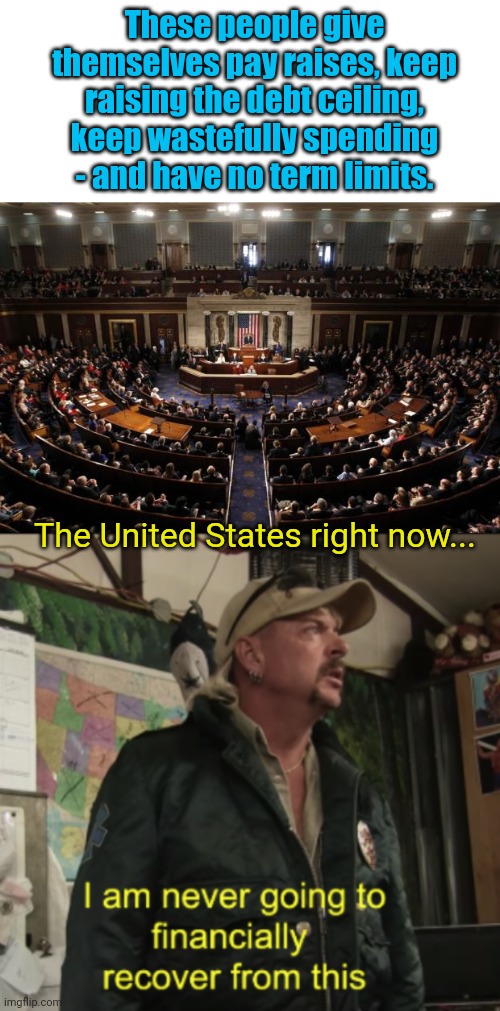 Let's just print more money, rite?? | These people give themselves pay raises, keep raising the debt ceiling, keep wastefully spending - and have no term limits. The United States right now... | image tagged in congress,joe exotic financially recover | made w/ Imgflip meme maker