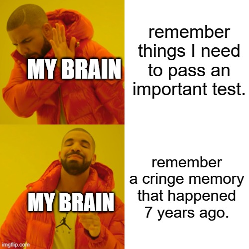 Drake Hotline Bling Meme | remember things I need to pass an important test. MY BRAIN; remember a cringe memory that happened 7 years ago. MY BRAIN | image tagged in memes,drake hotline bling | made w/ Imgflip meme maker