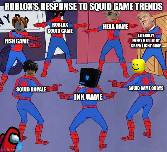 when everyone's accusing each other of copying their idea. ironic, isn't it? | ROBLOX'S RESPONSE TO SQUID GAME TRENDS; ROBLOX SQUID GAME; HEXA GAME; LITERALLY EVERY RED LIGHT GREEN LIGHT CRAP; FISH GAME; SQUID GAME OBBYS; SQUID ROYALE; INK GAME | image tagged in spiderman pointing at spiderman pointing at spiderman | made w/ Imgflip meme maker