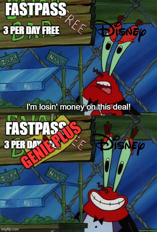 I'm losing money on this deal | FASTPASS; 3 PER DAY FREE; FASTPASS; GENIE PLUS; 3 PER DAY FREE | image tagged in i'm losing money on this deal | made w/ Imgflip meme maker