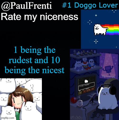 [Titled-to-unWoof] | Rate my niceness; 1 being the rudest and 10 being the nicest | image tagged in paul frenti template | made w/ Imgflip meme maker